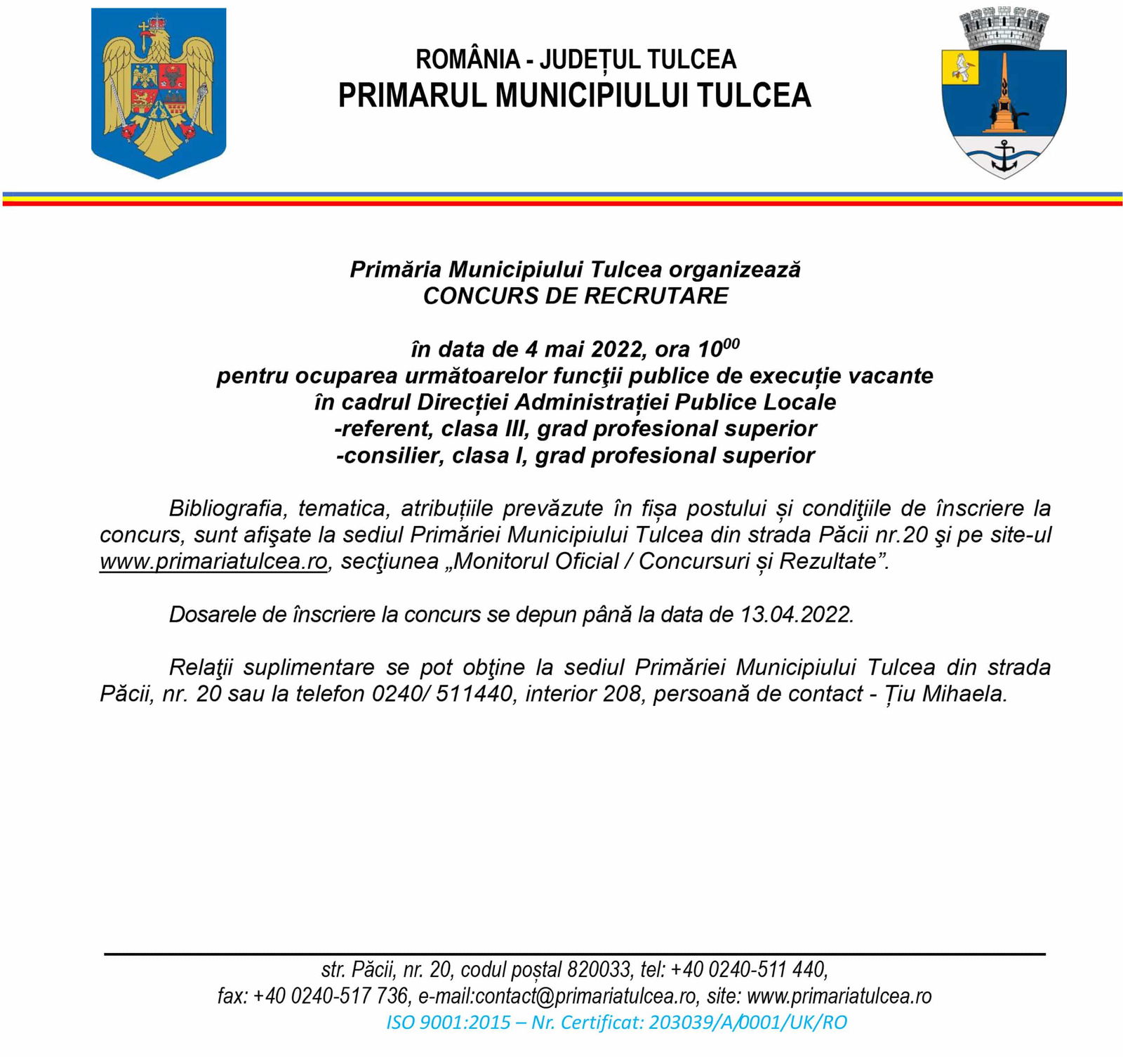 Primăria Municipiului Tulcea organizează CONCURS DE RECRUTARE